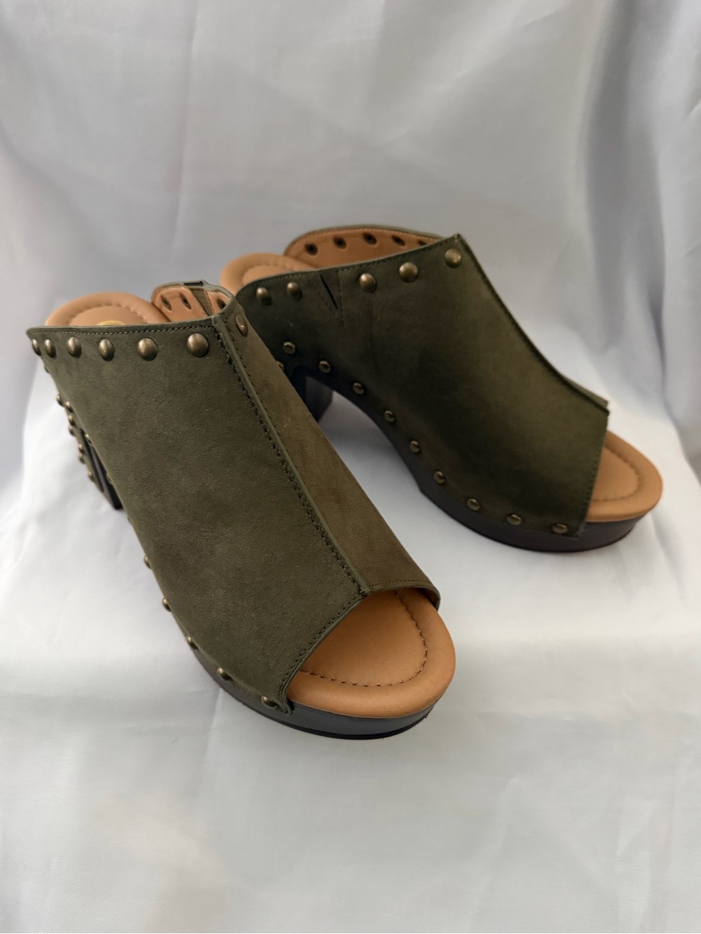 Olive Green Studded Open-Toe Mule Heels